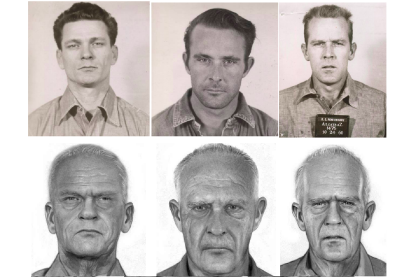 Alcatraz escapees Frank Morris, John Anglin, his brother Clarence, with age-progressed photos.
