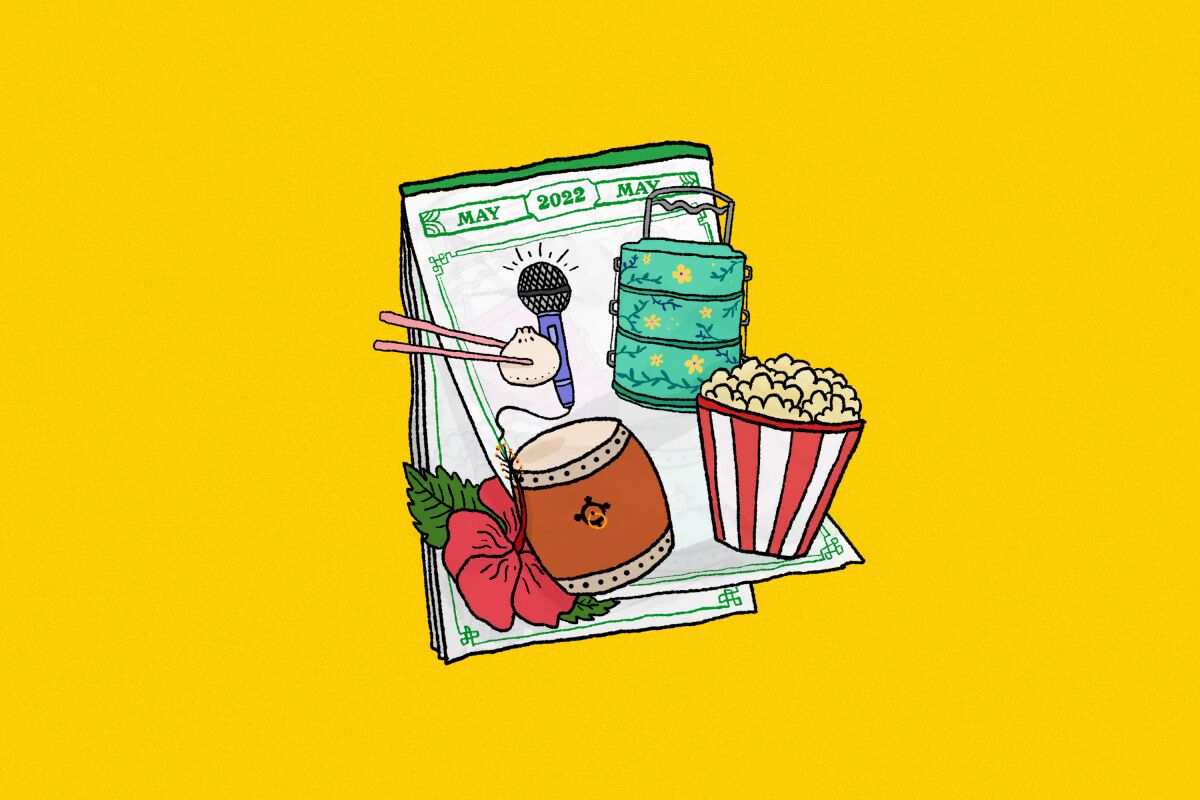 Illustration of a taiko drum, dumpling held in chopsticks, popcorn, microphone and tiffin on a calendar displaying May 2022.
