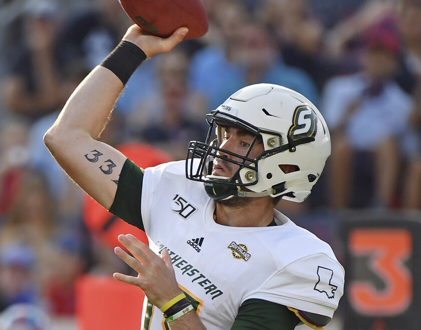 FILE - Southeastern Louisiana quarterback Cole Kelley looks to pass during the second half of an NCAA college football game in Oxford, Miss., Sept. 14, 2019. Kelley was selected to The Associated Press FCS All-America team. (AP Photo/Thomas Graning, File)