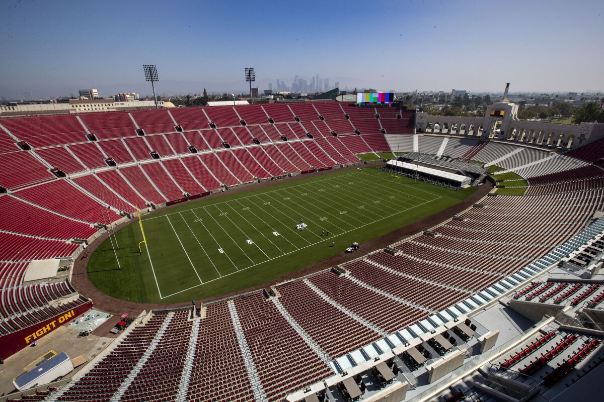USC officials unveiled the $315 million renovation of the United Airlines Field at the Los Angeles Memorial Coliseum on Thursday.