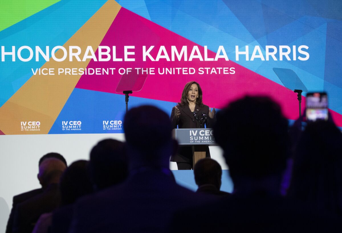 Vice President Kamala Harris speaks during the CEO summit at the the Summit of the Americas at the InterContinental Hotel