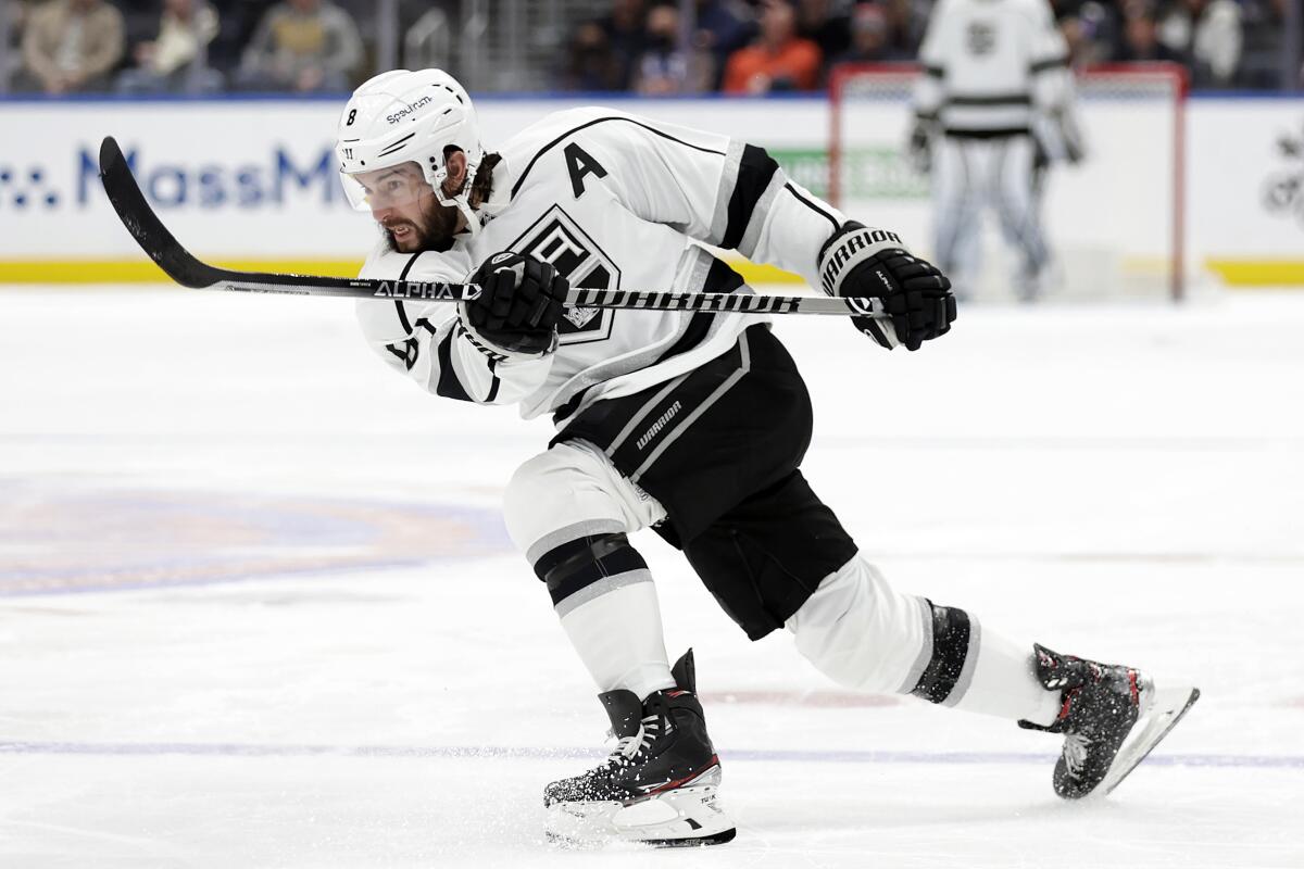 Kings defenseman Drew Doughty shoots against the New York Islanders.