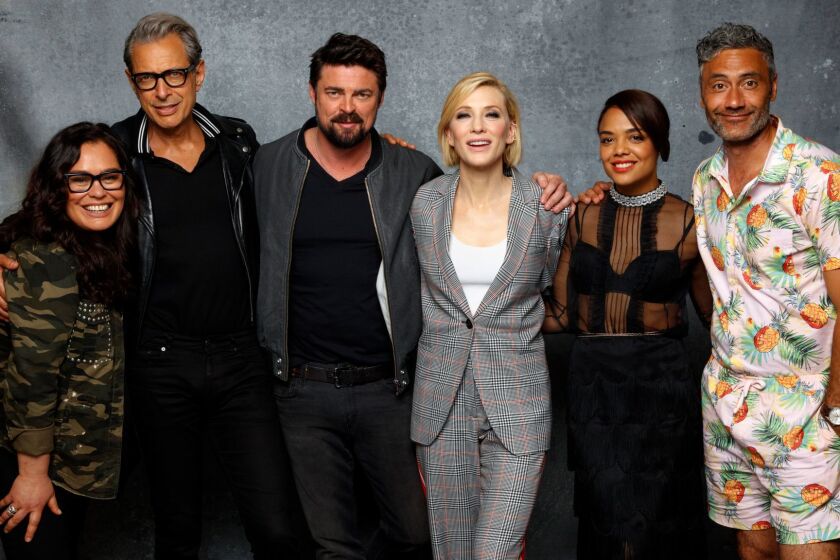 SAN DIEGO,CA --SATURDAY, JULY 22, 2017-- Rachel House, Jeff Goldblum, Karl Urban, Cate Blanchett, Tessa Thompson and director Taika Waititi from the film "Thor: Ragnarok," photographed in the L.A. Times photo studio at Comic-Con 2017, in San Diego, CA on July 22, 2017. (Jay L. Clendenin / Los Angeles Times)