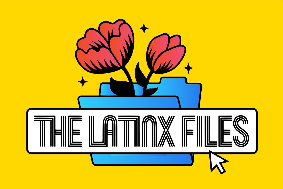 A logo for the Latinx Files shows the text over a blue folder with red flowers in it on a yellow background