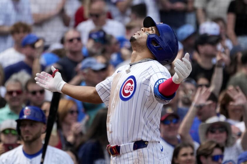 Chicago Cubs' Christopher Morel celebrates his two-run home run off Milwaukee Brewers pitcher Tobias Myers during the third inning of a baseball game Saturday, May 4, 2024, in Chicago. (AP Photo/Charles Rex Arbogast)