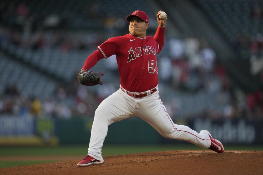 Los Angeles Angels starting pitcher Jose Suarez (54) throws during the first inning of a baseball game against the Oakland Athletics in Anaheim, Calif., Monday, April 24, 2023. (AP Photo/Ashley Landis)