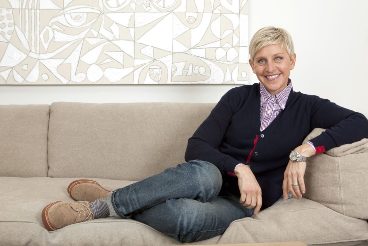Talk show host Ellen DeGeneres sits in her Warner Bros. studio dressing room in Burbank. DeGeneres' appeal is enormous in her 10th year as a syndicated talk host.