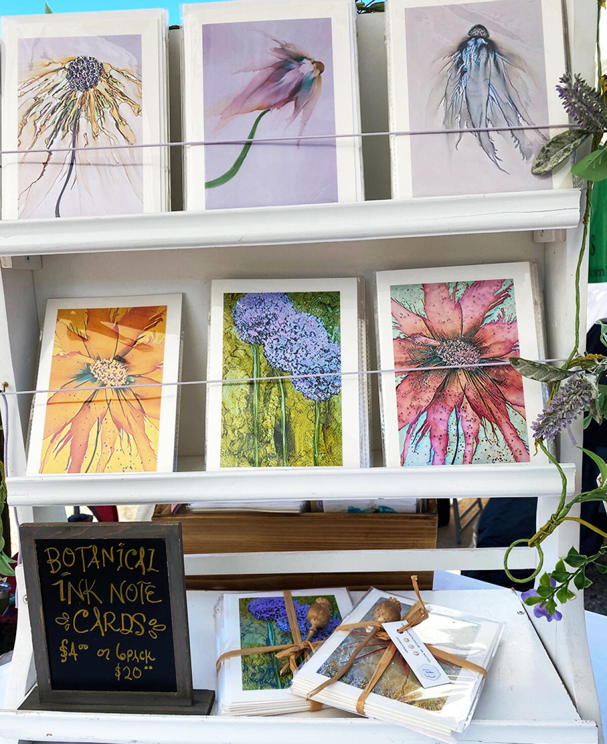 Botanical ink note cards are among handcrafted items sold at the Artisan Market at Old Poway Park.