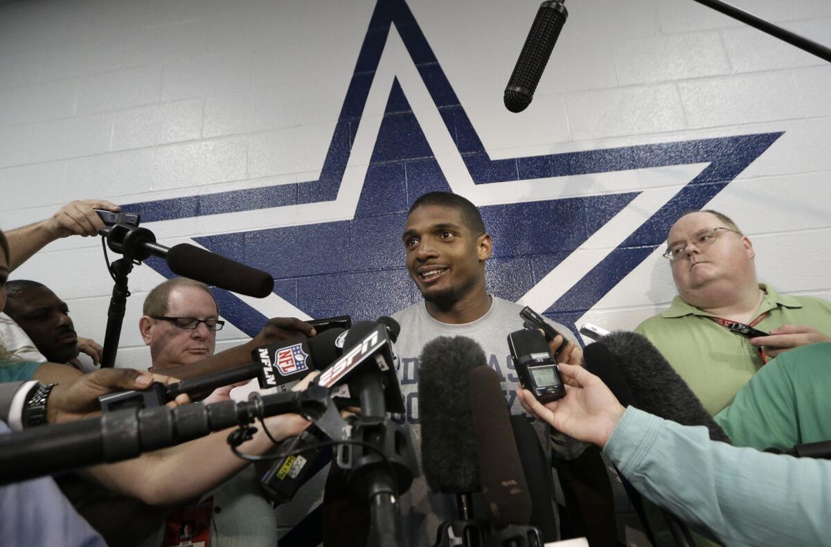 Dallas Cowboys practice squad player Michael Sam speaks to reporters after practice Wednesday at the team's headquarters in Irving, Texas.
