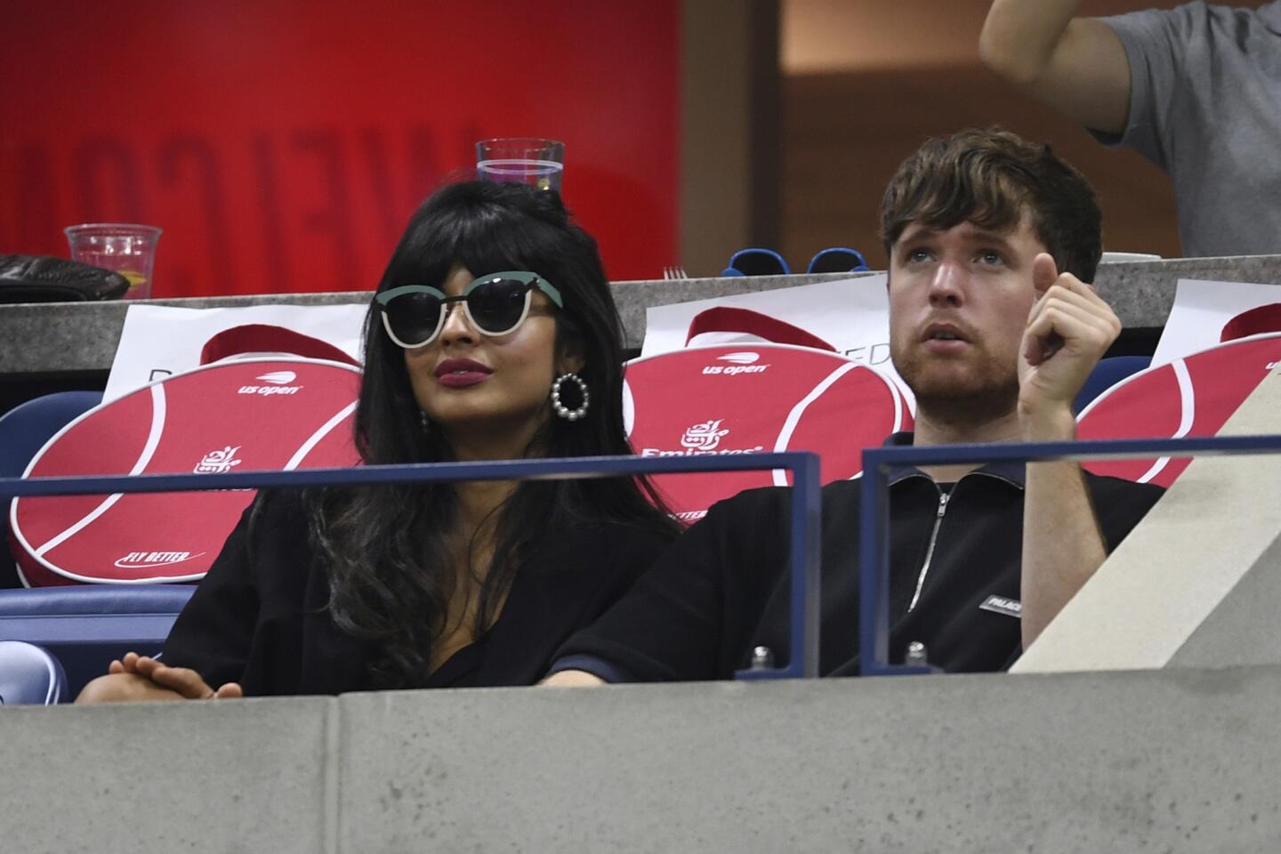 Jameela Jamil and beau singer James Blake watch Serena Williams vs. Quing Wang on Arthur Ashe Stadium at the USTA Billie Jean King National Tennis Center on Sept. 3, 2019, in Flushing, Queens.