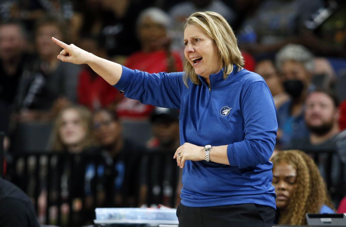 FILE - Minnesota Lynx coach Cheryl Reeve calls out to players during the team's WNBA basketball game against the Las Vegas Aces in Las Vegas, Thursday, May 19, 2022. The Minnesota Lynx signed coach Cheryl Reeve to a multi-year contract extension Thursday, Nov. 3, 2022, and elevated her front office title from general manager to president of basketball operations. (Steve Marcus/Las Vegas Sun via AP, File)