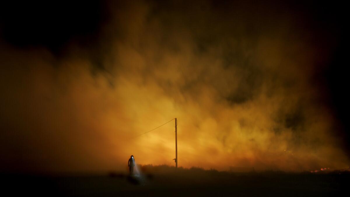 A Chula Vista firefighter walks away from the Harris fire in San Diego County in October. Scientists worry that native coastal sage and chaparral may be replaced by invasive grasses in areas that burned in 2003 and again last year.