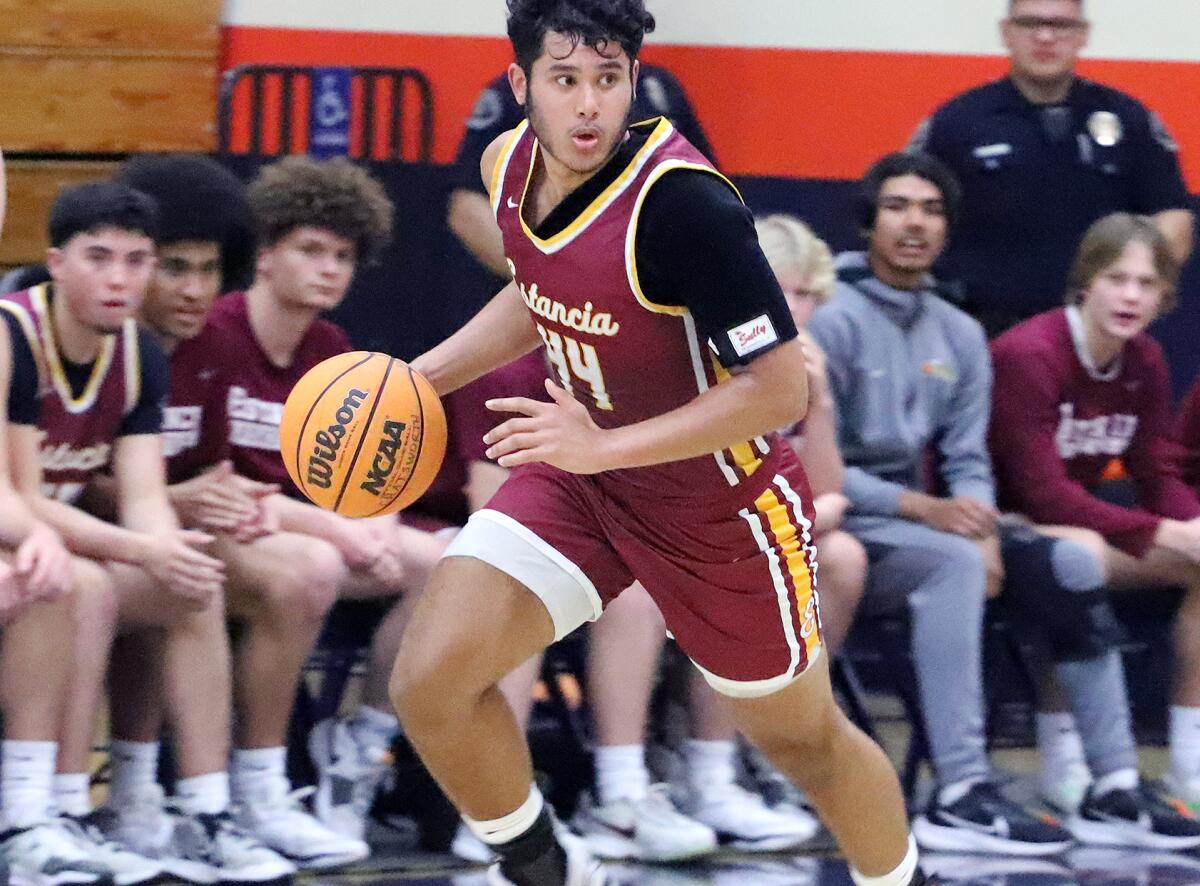 Estancia's Peter Sanchez (44) dribbles down the court at Chatsworth on Friday night.