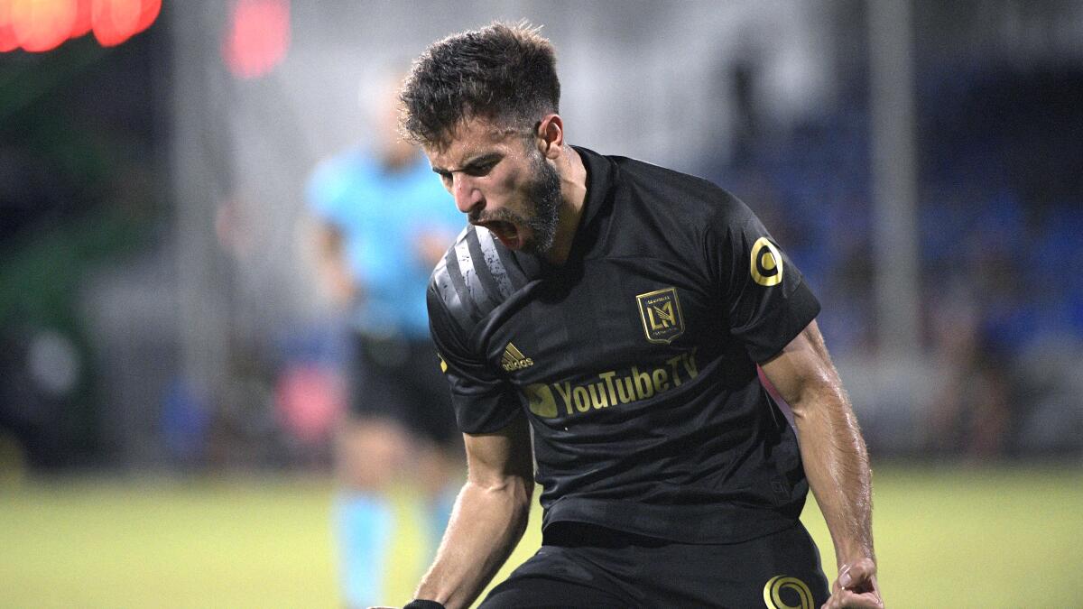 LAFC forward Diego Rossi reacts after scoring a goal.
