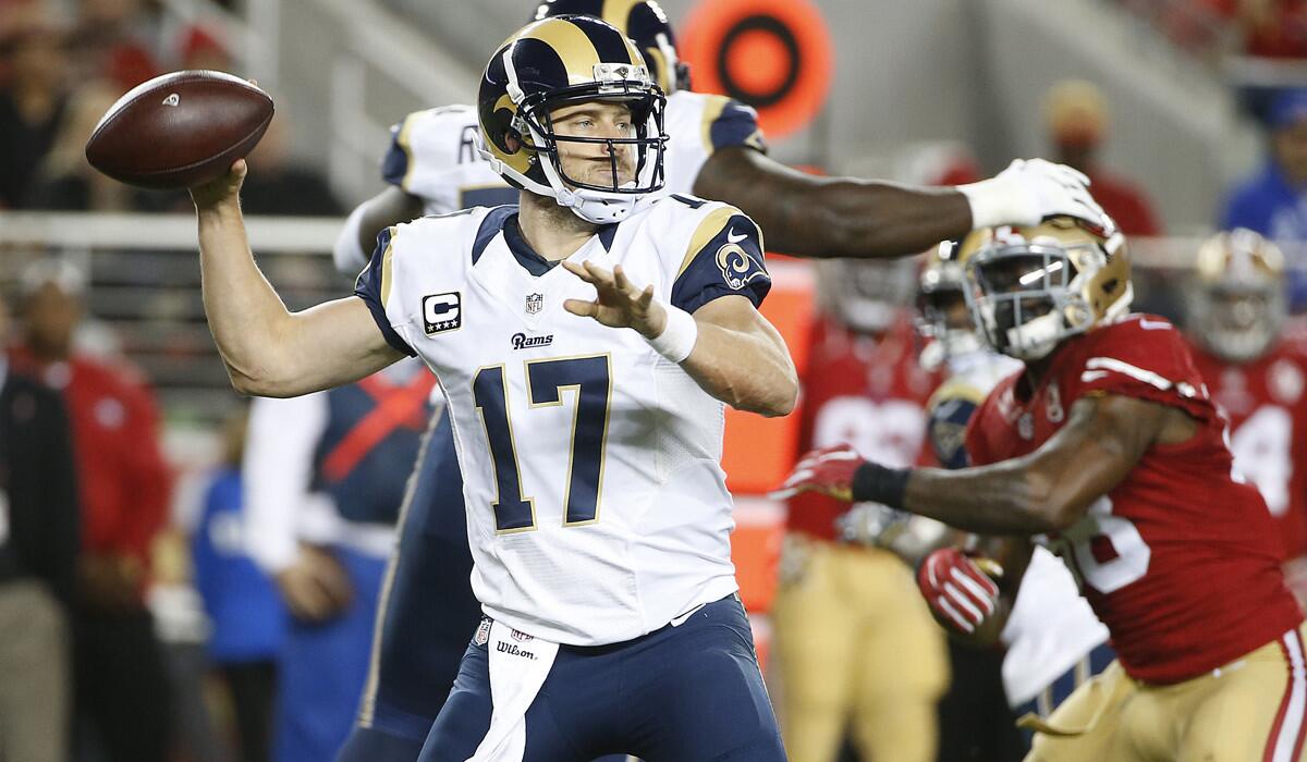 Rams quarterback Case Keenum passes against the San Francisco 49ers during the first half on Monday.