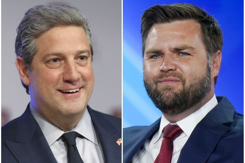This combination of photos shows Ohio Democratic Senate candidate Rep. Tim Ryan, D-Ohio, on March 28, 2022, in Wilberforce, Ohio, left, and Republican candidate JD Vance on Aug. 5, 2022, in Dallas. (AP Photo)