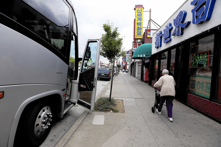 The noon bus for San Manuel Indian Bingo & Casino leaves Koreatown. The buses have found a steady and reliable customer base in elderly immigrants, many of whom are widows or widowers living alone in senior apartments.