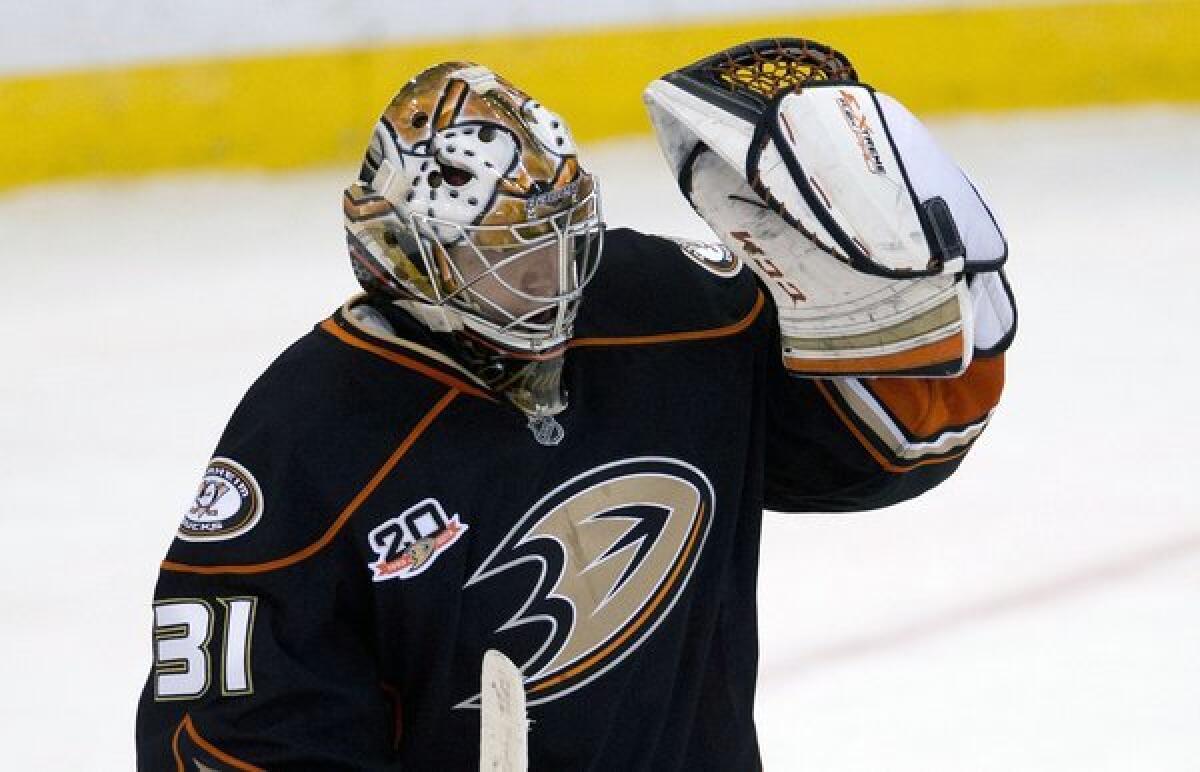 Ducks goalie Frederik Andersen celebrates after a 2-1 win over the Ottawa Senators earlier this season.