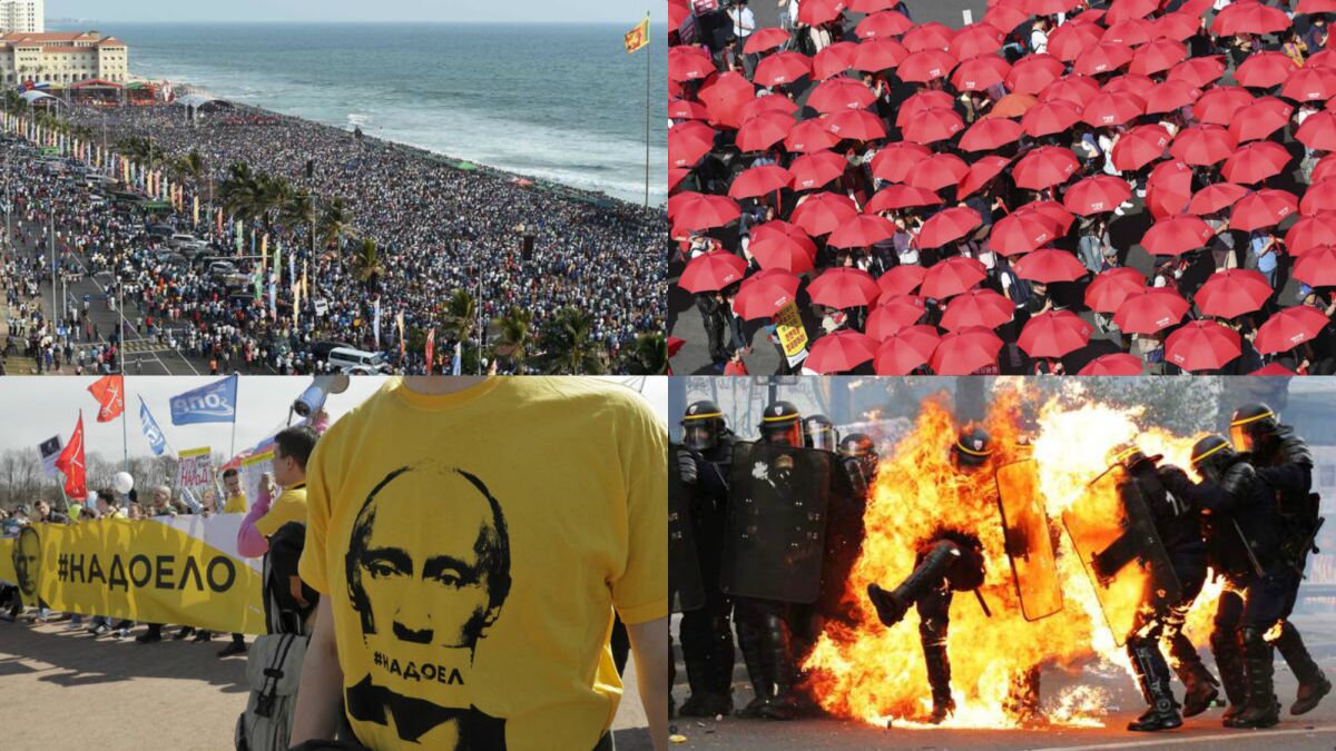 From left, Sri Lankans gather in Colombo, union members hold umbrellas in Seoul, a protester displays the image of Vladimir Putin in St. Petersburg and police are engulfed in flames in Paris.