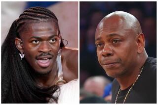 A picture of Lil Nas X with braids and long hair with his mouth open. Another picture of Dave Chappelle in a black shirt