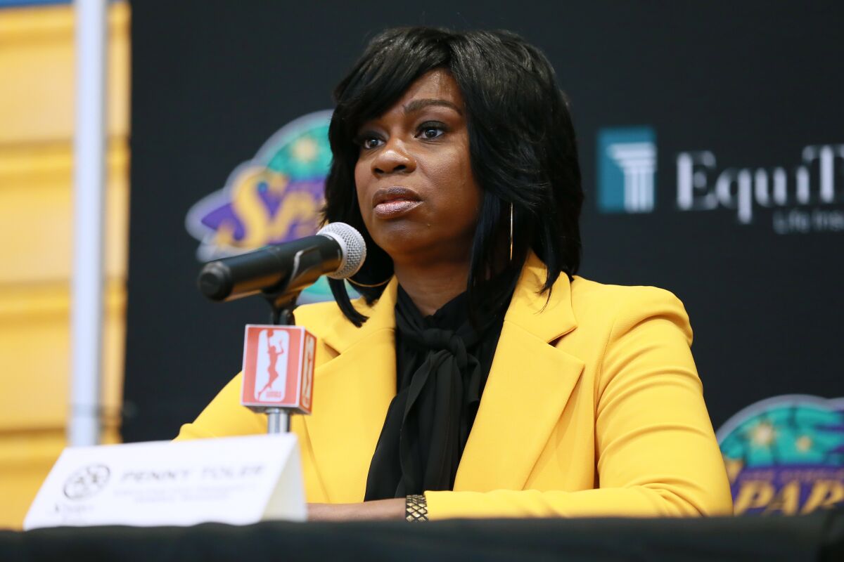 Sparks general manager Penny Toler speaks during the team's media day on May 14 at Staples Center.