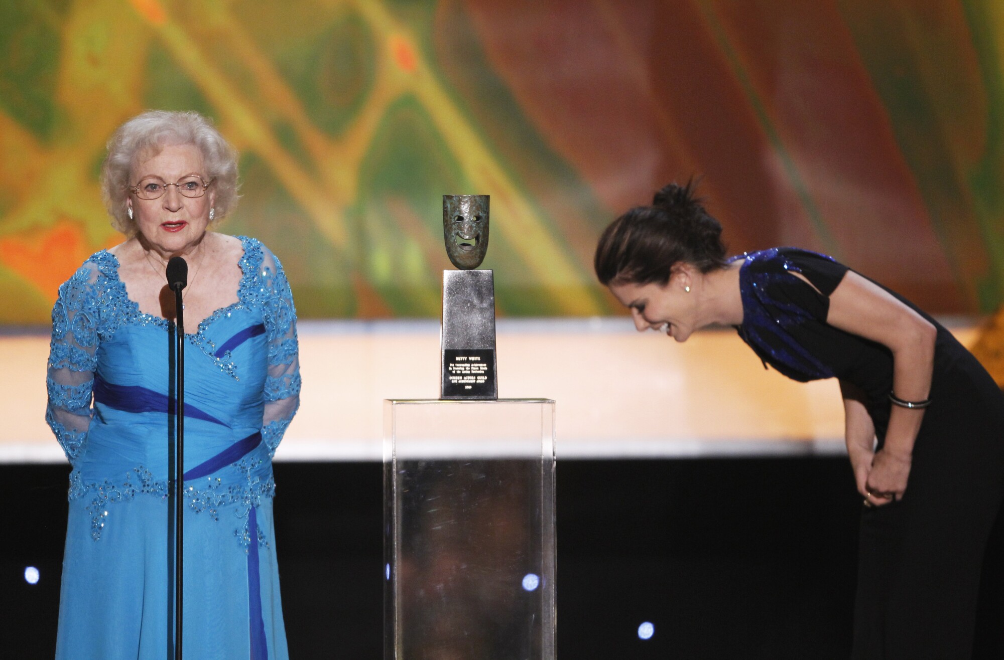 Betty White, left, accepts the Life Achievement Award from Sandra Bullock at the 16th Screen Actors Guild Awards.