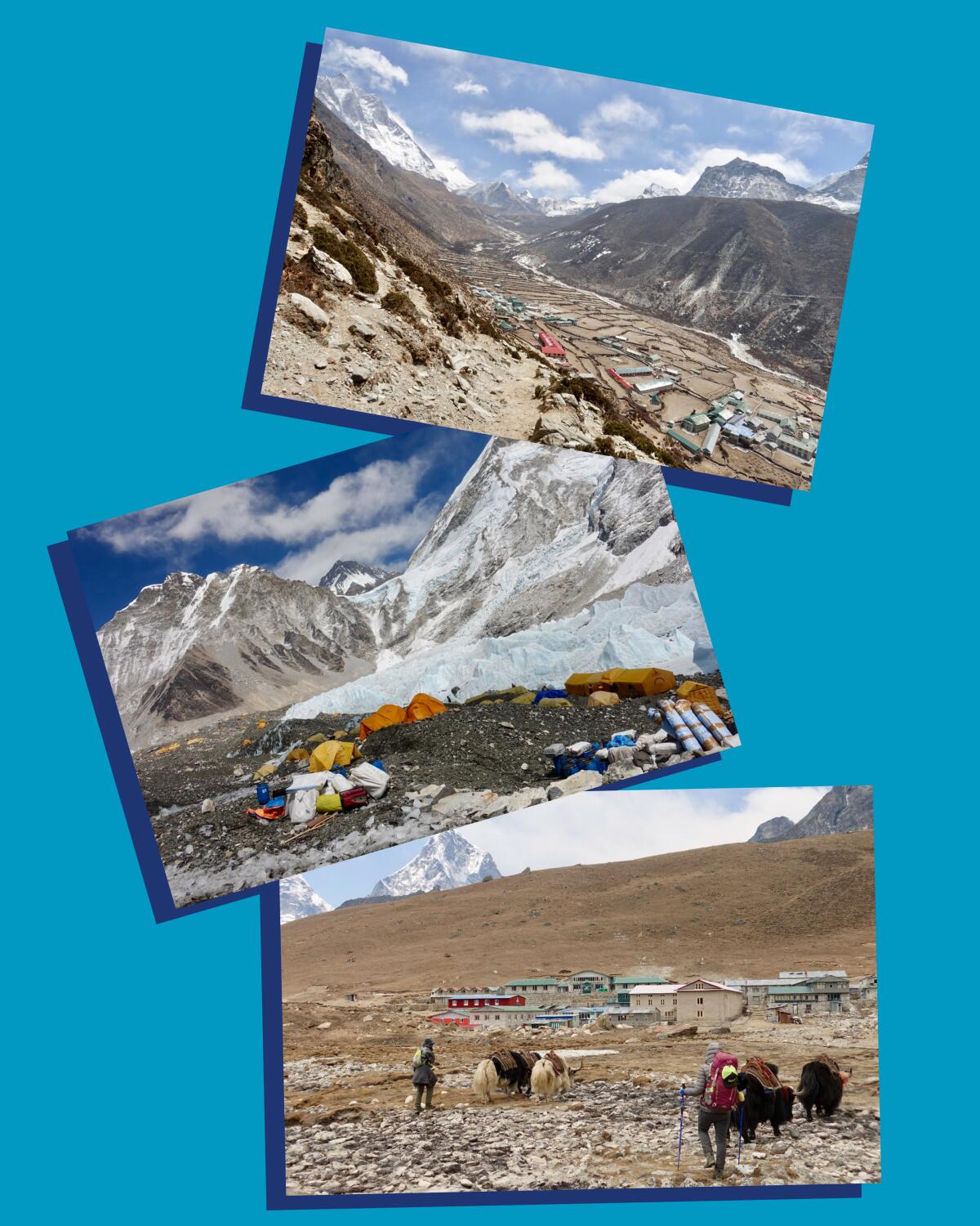 Three photos of people at Namche Bazaar.