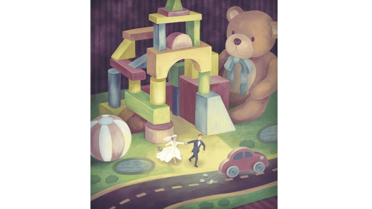 Illustration of playthings and toys, and a bride and groom running to a toy car.