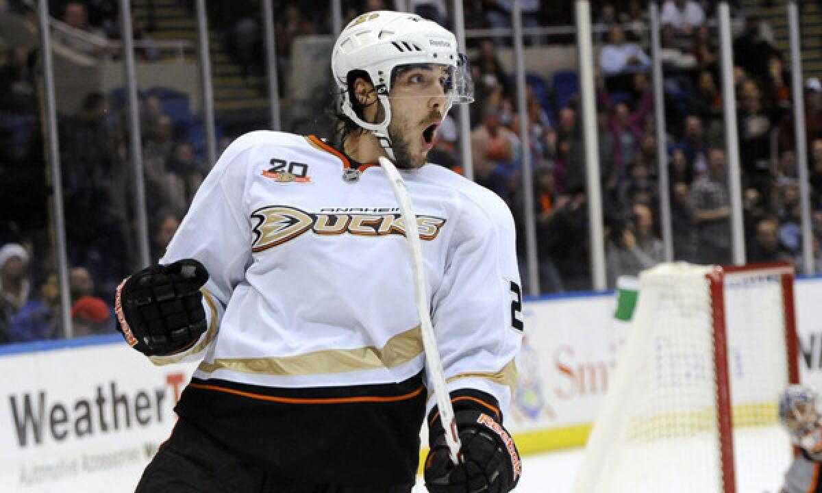 Ducks center Mathieu Perreault celebrates a goal against the New York Islanders in December. Perreault hopes the Ducks do not make the mistake of underestimating their opponents in the playoffs.