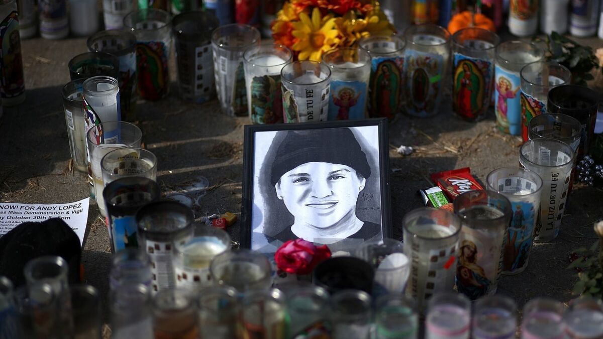 A picture of 13-year-old Andy Lopez sits at the center of a memorial in Santa Rosa, Calif., on Oct. 29, 2013.