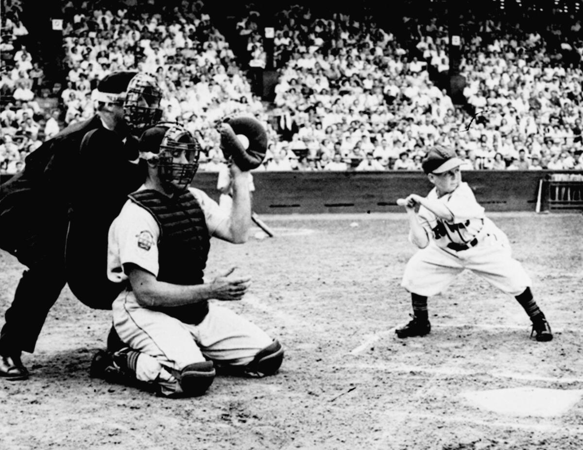 Eddie Gaedel, a 3-foot-7 stuntman, pinch-hits for the St. Louis Browns against the Detroit Tigers on Aug. 19, 1951.