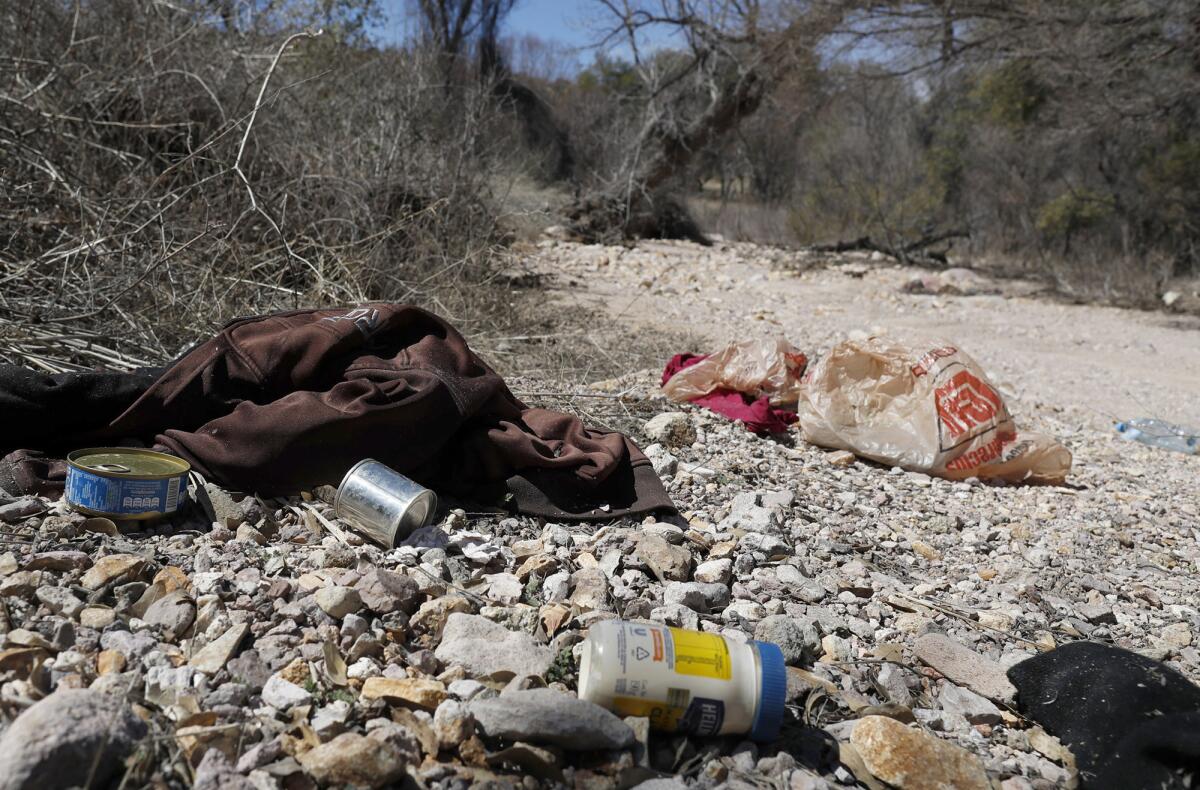 Food and clothing apparently left behind by migrants at the Sycamore Canyon trailhead, just six miles up the canyon from the Mexican border.