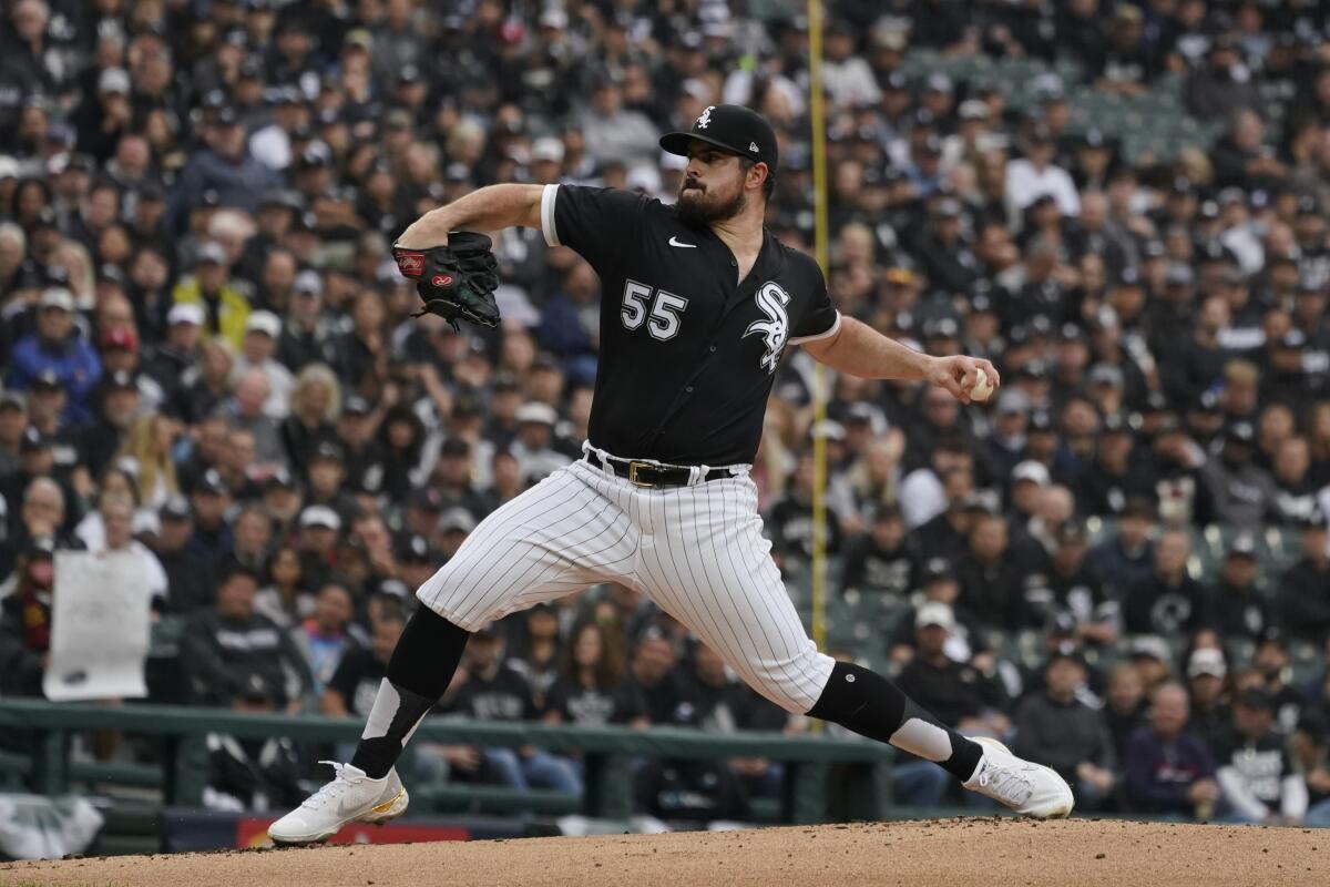 Left-hander Carlos Rodon pitches for the White Sox against the Astros during Game 4 of the ALDS on Oct. 12, 2021.