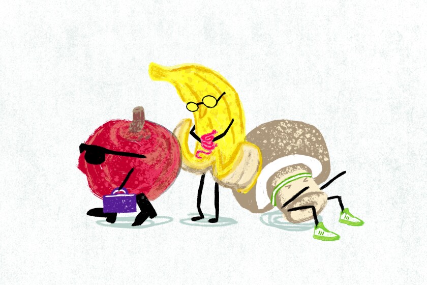Illustration of fruit and vegetables wearing human clothing.