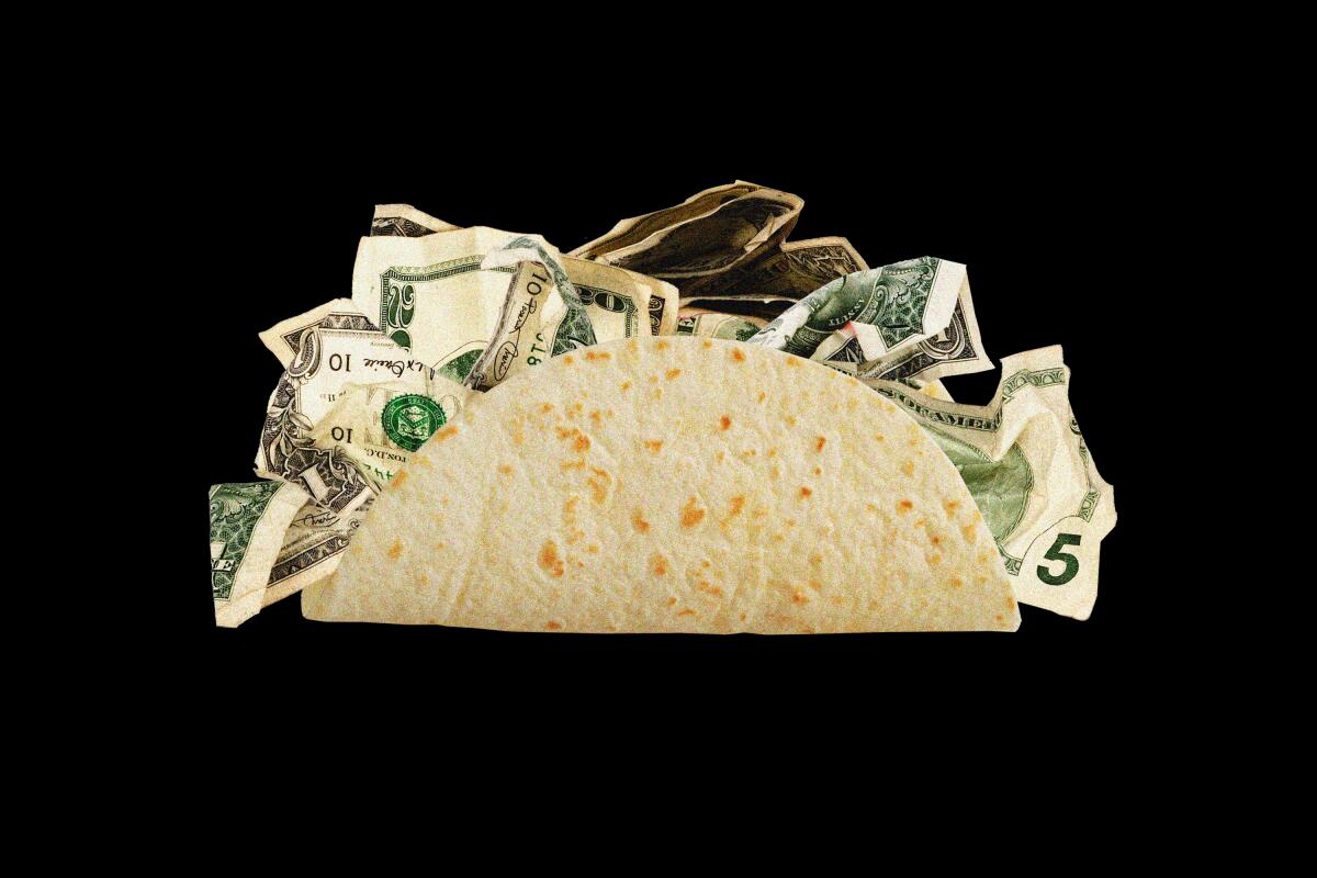 A taco brimming U.S. dollar bills 