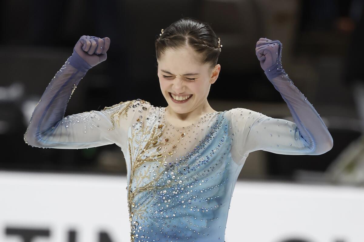 Isabeau Levito reacts after her performance during the women's free skate at the U.S. figure skating championships.