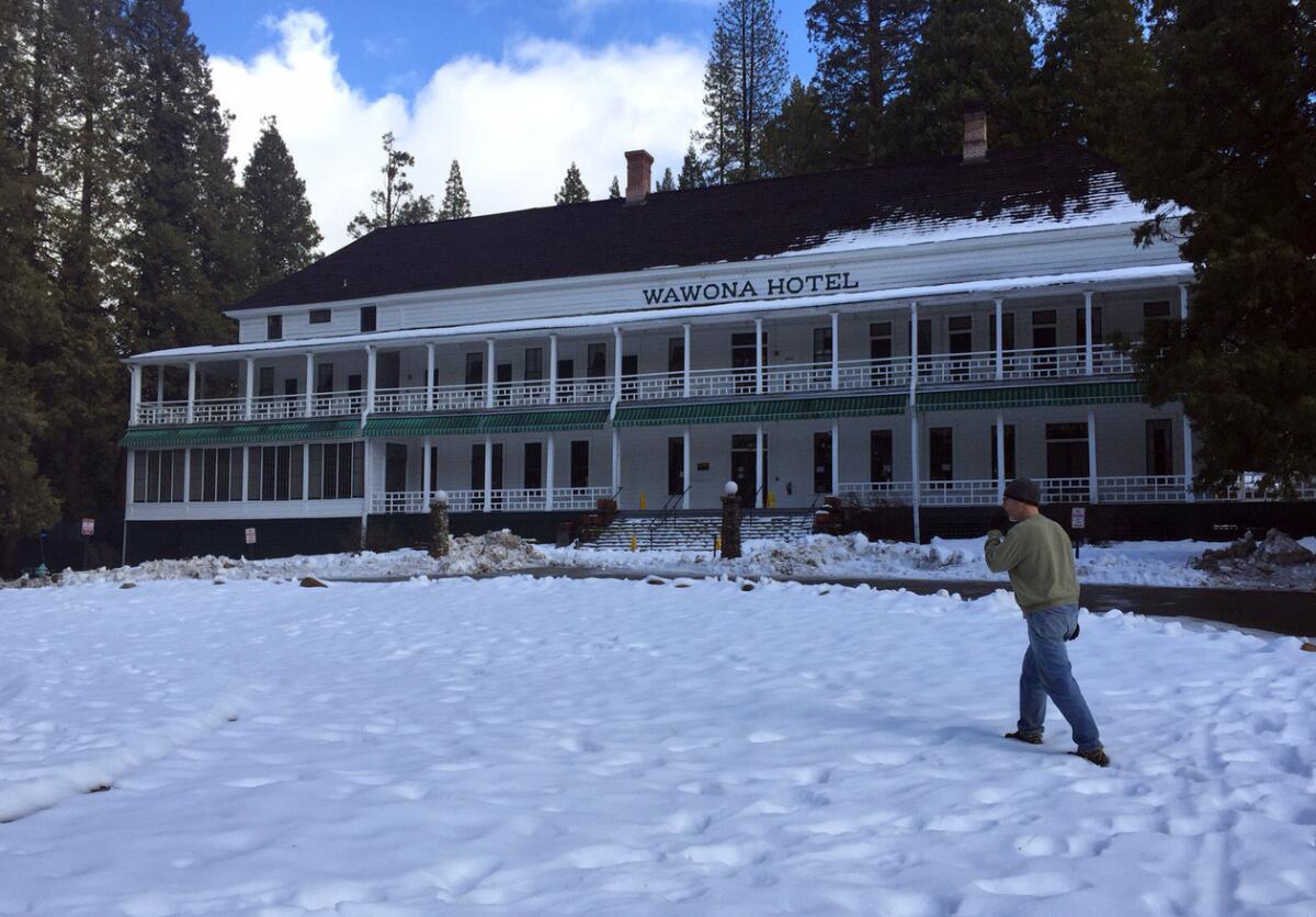 The Wawona Hotel which is to become the Big Trees Lodge in trademark flap, still bore its historic name on Friday.