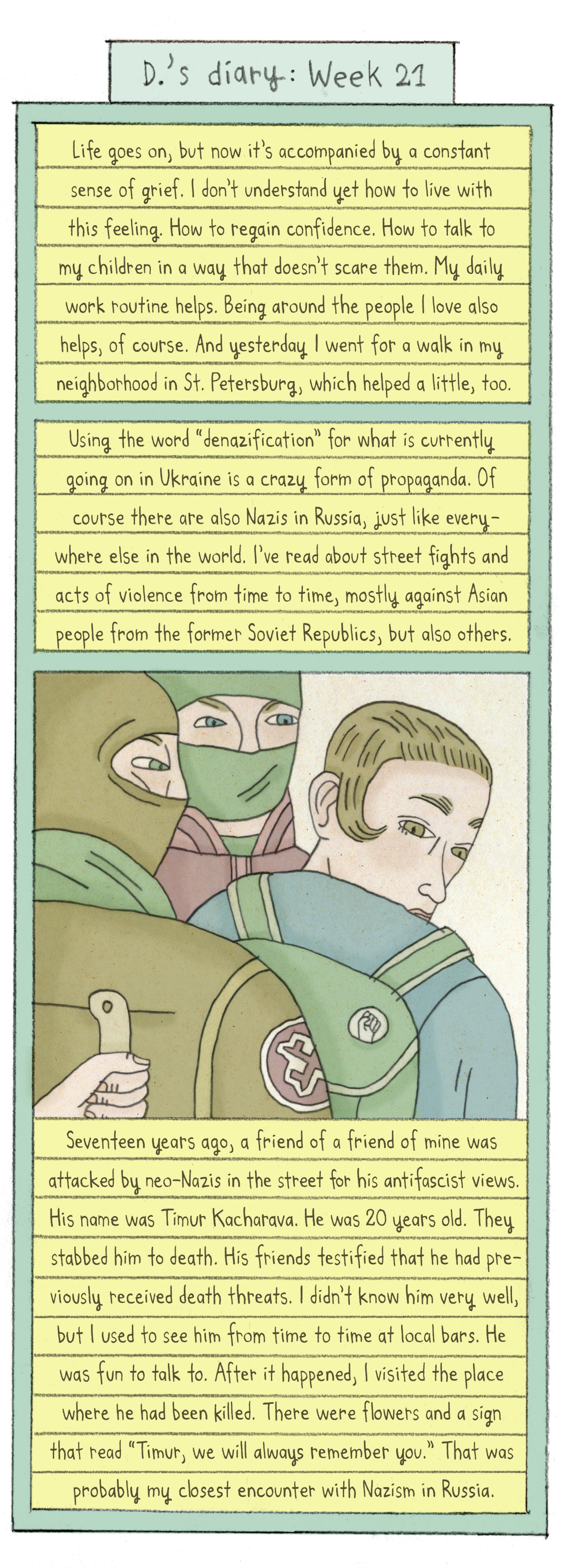 illustrated comic showing a male figure being attacked by two masked figures. One holds a knife.