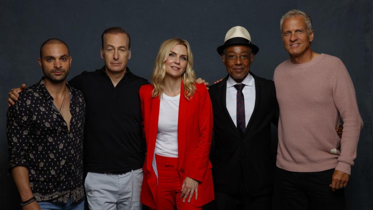 From left to right, Michael Mando, Bob Odenkirk, Rhea Seehorn, Giancarlo Esposito and Patrick Fabian from "Better Call Saul," photographed in the L.A. Times Photo and Video Studio at Comic-Con 2018.