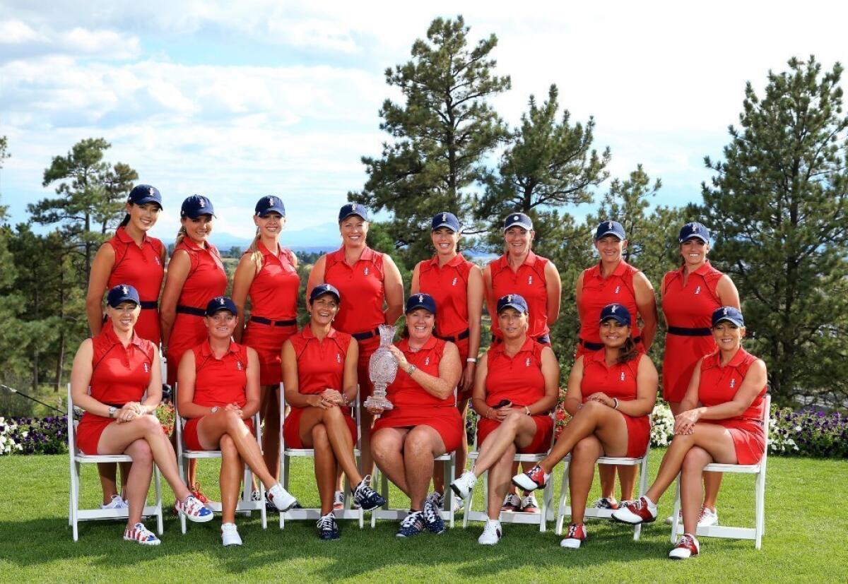 The 2013 United States Solheim Cup Team (front row, left to right) Morgan Pressel, Stacy Lewis, Laura Diaz (assistant captain), Meg Mallon (captain), Dottie Pepper (assistant captain), Lizette Salas, Cristie Kerr, (back row, left to right) Michelle Wie, Lexi Thompson, Jessica Korda, Brittany Lincicome, Paula Creamer, Brittany Laing, Angela Stanford, and Gerine Piller.