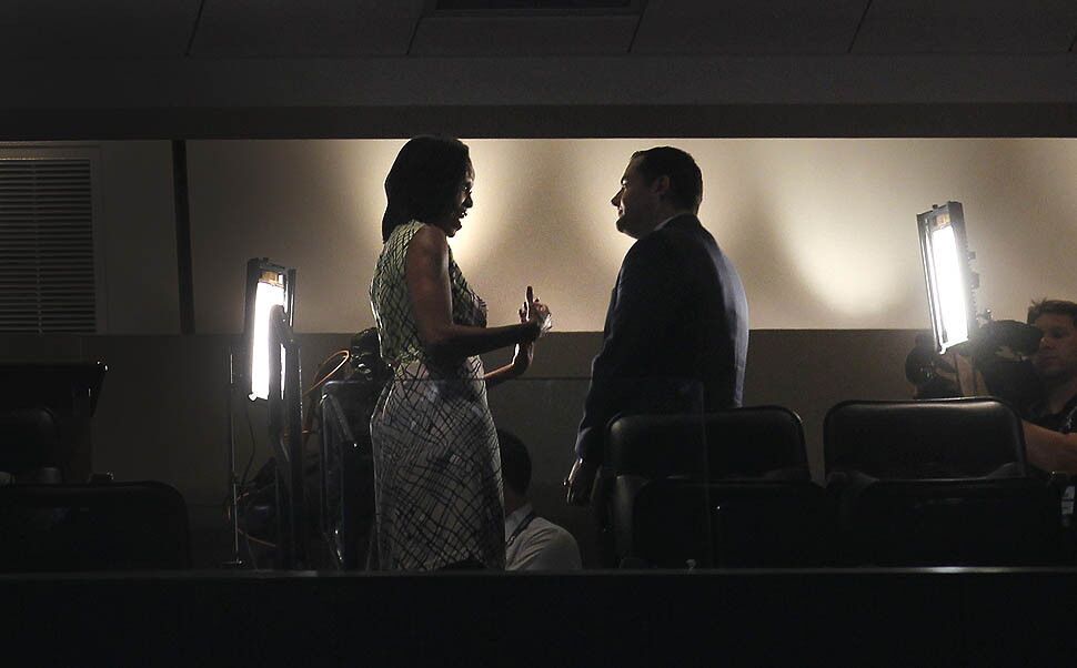 First Lady Michelle Obama tapes a television interview upstairs at the Time Warner Cable Arena.