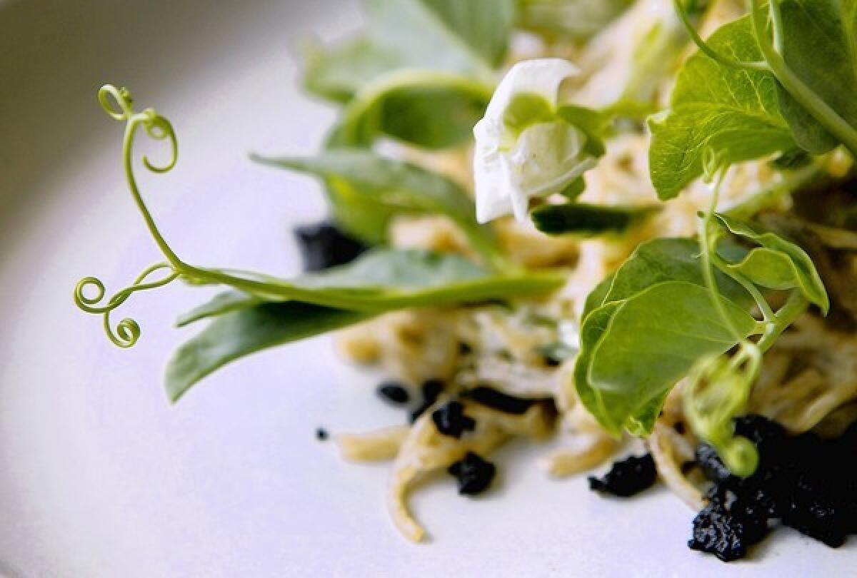 Black pepper kelp noodles with chanterelle, snap peas, olive crumb and pea vines.