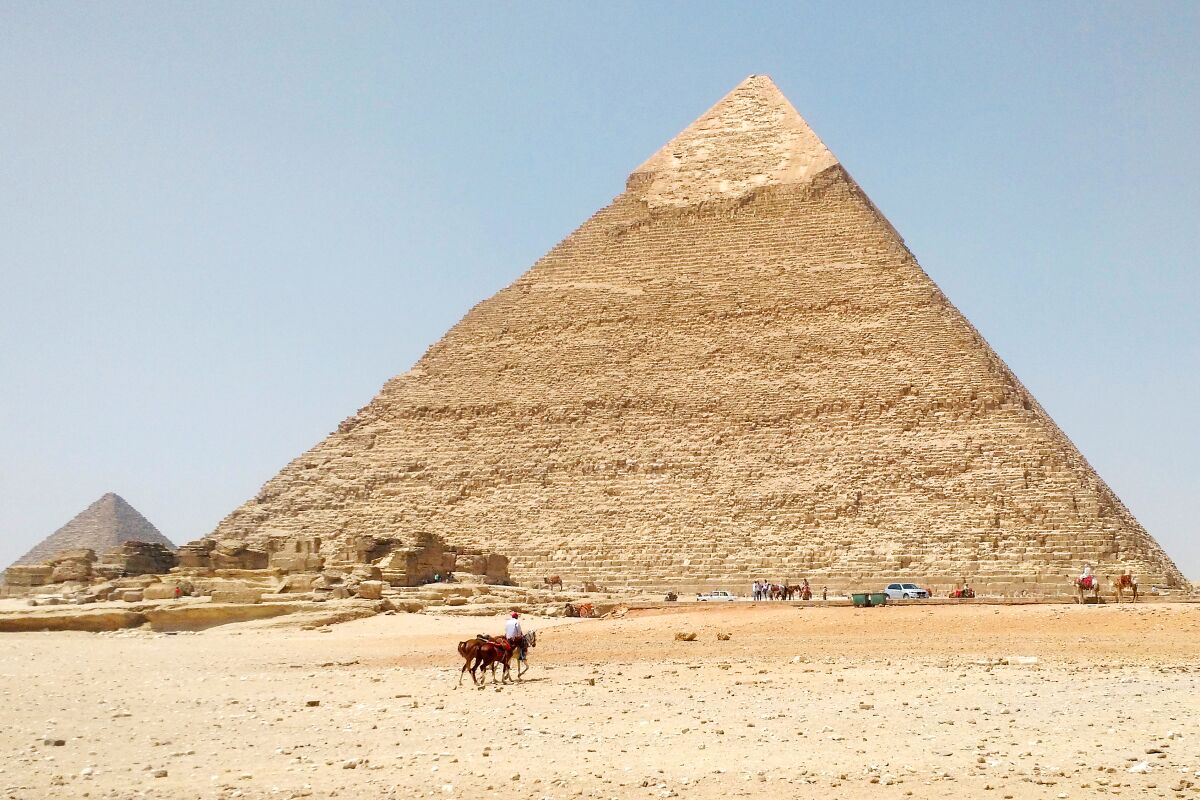 The Egyptian pyramids at Giza are nearly deserted in this photo taken in August.