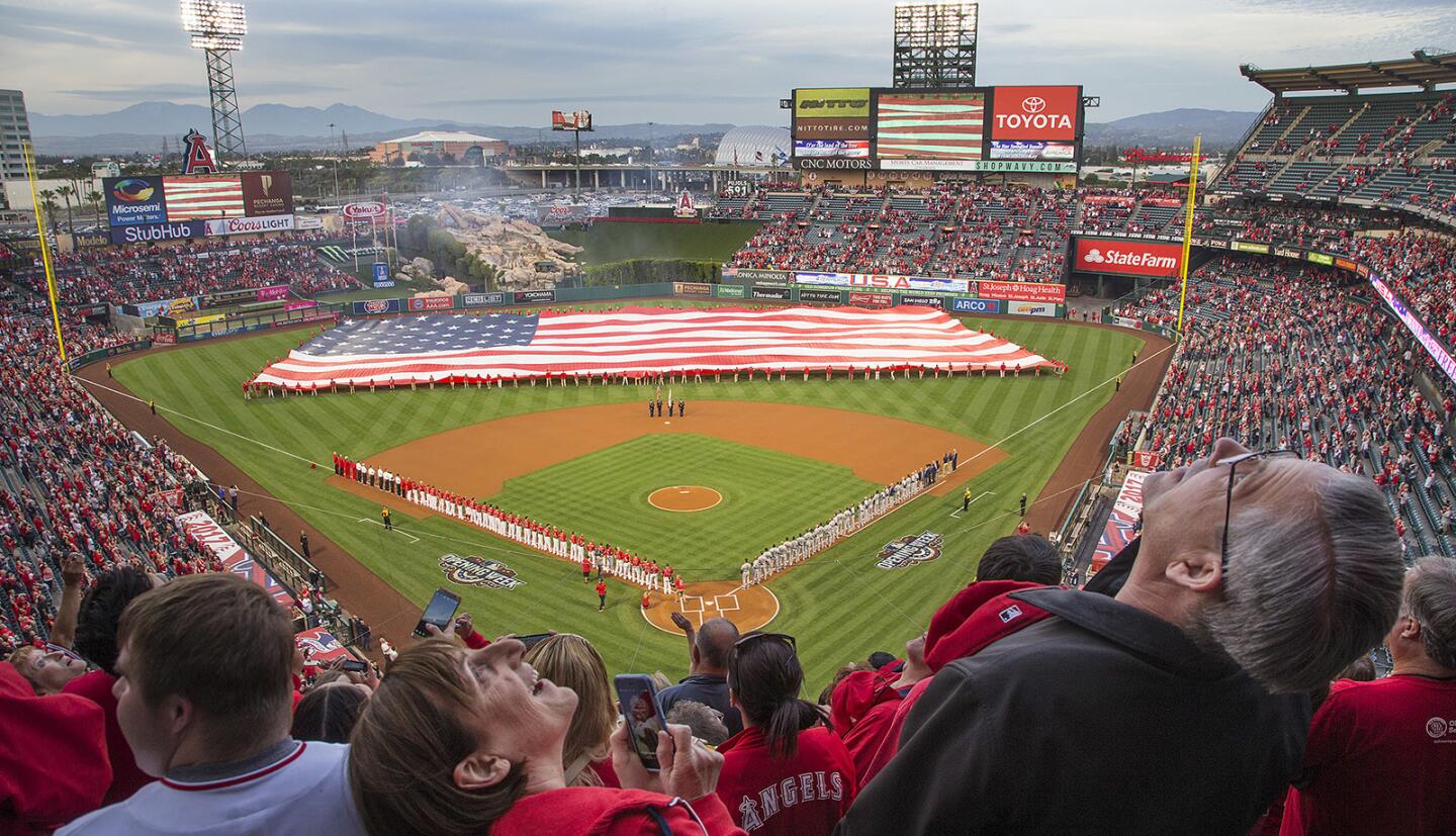 Angels fans stare up at the sky as a C-17 military plane does a fly-over after introductions on the Angels' opening night at Angel Stadium of Anaheim.