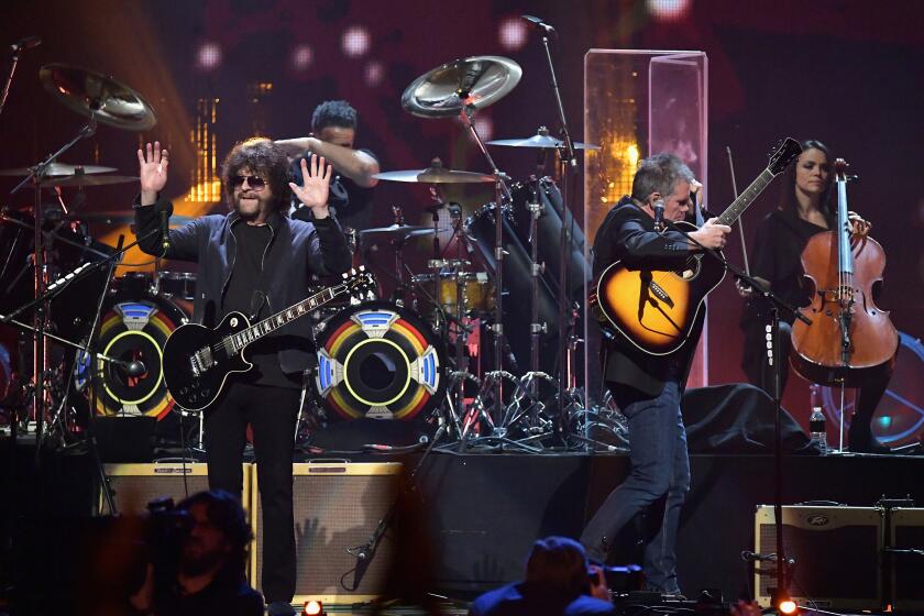 Inductee Jeff Lynne, left, of ELO performs at the Rock & Roll Hall Of Fame induction ceremony in 2017.