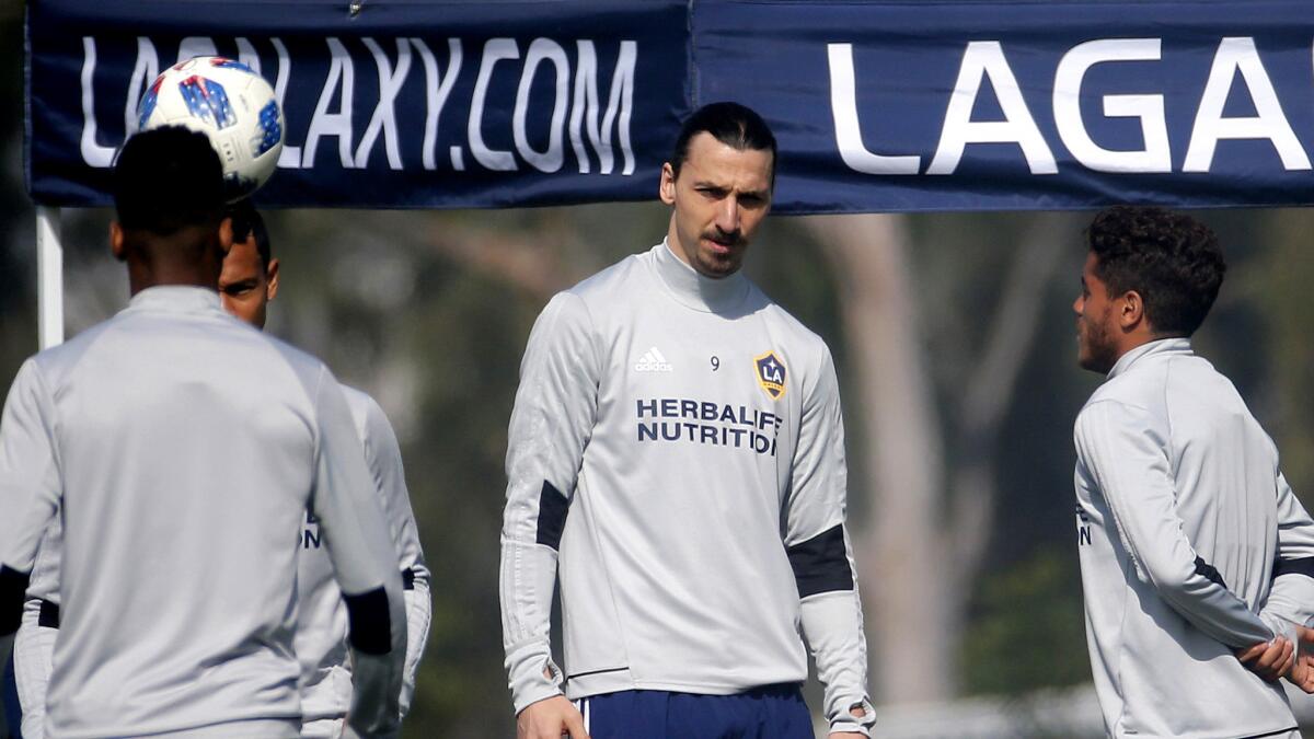 Zlatan Ibrahimovic gets ready for his first workout with the Galaxy on Friday at StubHub Center.