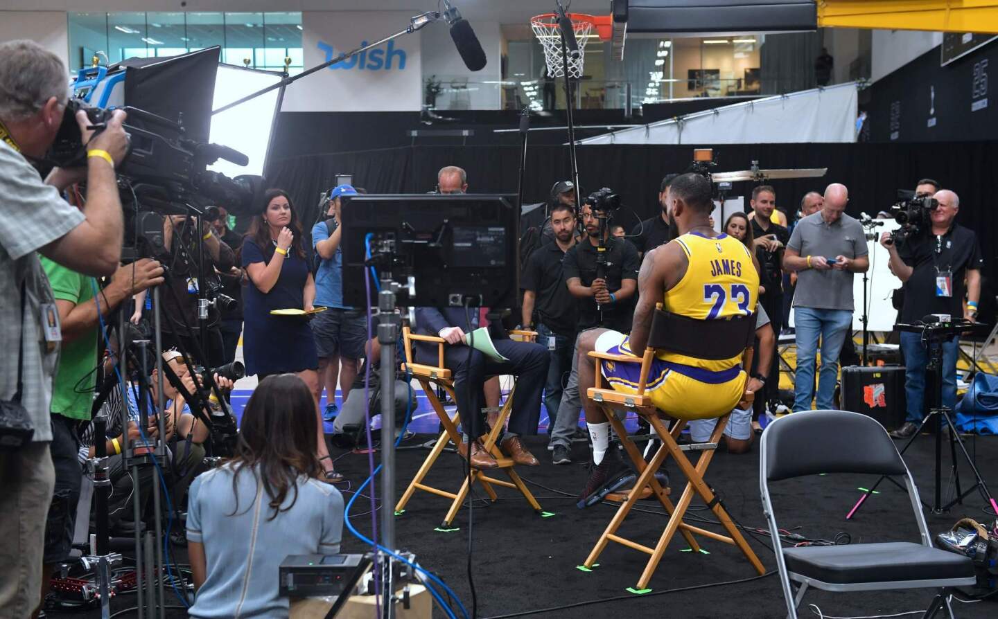 LeBron James is interviewed during the Los Angeles Lakers Media Day event in Los Angeles, California, September 24, 2018. - The Lakers open their 2018 NBA season in Portland on October 18th. (Photo by Frederic J. BROWN / AFP)FREDERIC J. BROWN/AFP/Getty Images ** OUTS - ELSENT, FPG, CM - OUTS * NM, PH, VA if sourced by CT, LA or MoD **