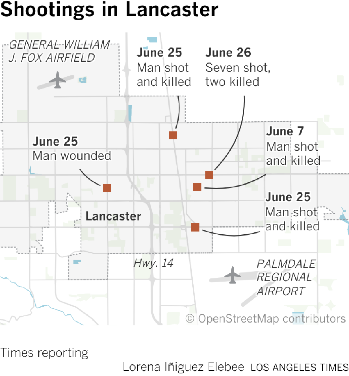Map of Lancaster, California showing five locations where shootings took place in June.