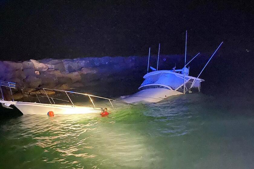 On July 3, the Long Beach Fire Dept. responded to reports of a 48’ boat that had crashed into the Alamitos Bay jetty. 
