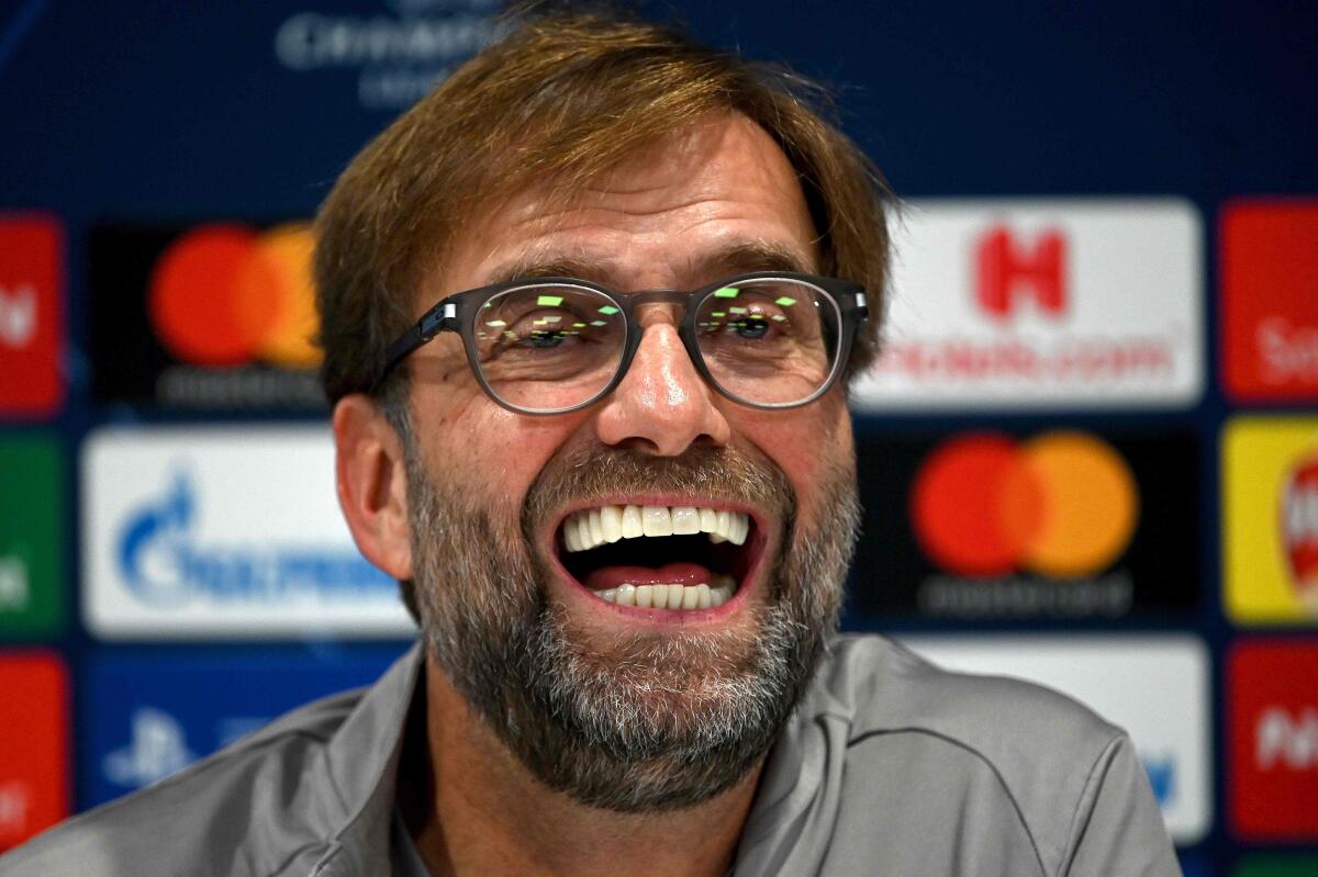 (FILES) In this file photo taken on November 04, 2019 Liverpool's German manager Jurgen Klopp attends a press conference at Anfield stadium in Liverpool, north west England on November 4, 2019, on the eve of their UEFA Champions League Group E football match against Genk. - Jurgen Klopp has agreed a contract extension with Liverpool until 2024, the Premier League leaders announced on December 13, 2019. (Photo by Paul ELLIS / AFP) (Photo by PAUL ELLIS/AFP via Getty Images) ** OUTS - ELSENT, FPG, CM - OUTS * NM, PH, VA if sourced by CT, LA or MoD **